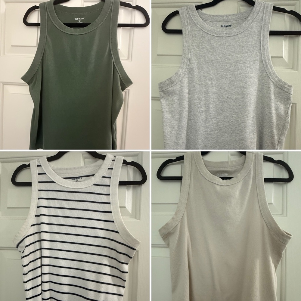 Set of Four Old Navy Ribbed Tank Tops in Green, Gray, Striped, and Cream